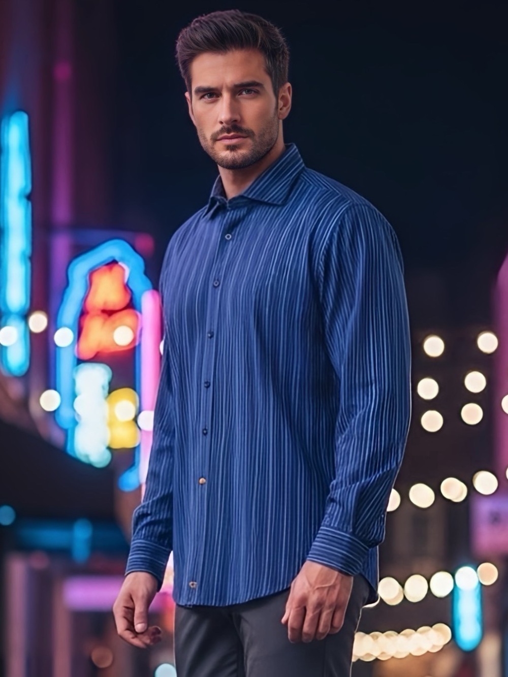 Thomas Dean Men’s Button-Down Shirt L • Navy Multi Stripe • Contrast Cuffs